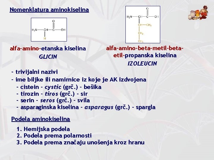 Nomenklatura aminokiselina alfa-amino-etanska kiselina GLICIN alfa-amino-beta-metil-betaetil-propanska kiselina IZOLEUCIN - trivijalni nazivi - ime biljke