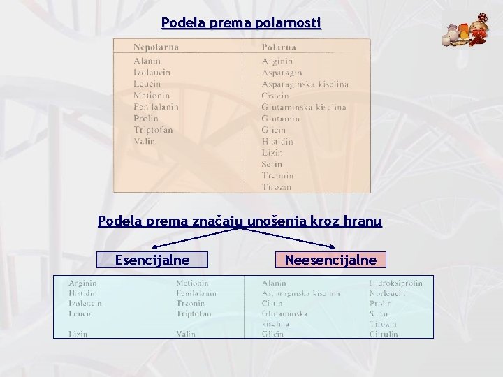 Podela prema polarnosti Podela prema značaju unošenja kroz hranu Esencijalne Neesencijalne 