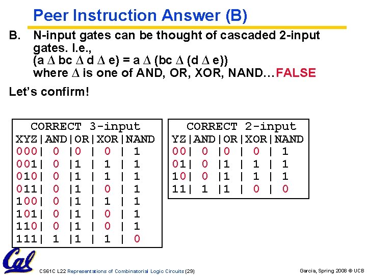 A. Peer Instruction Answer (B) B. N-input gates can be thought of cascaded 2