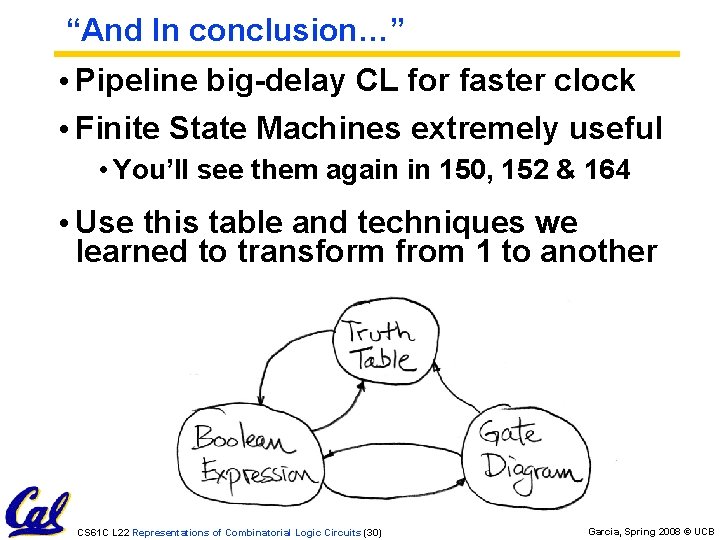 “And In conclusion…” • Pipeline big-delay CL for faster clock • Finite State Machines