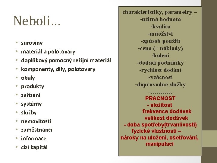 Neboli… • • • • suroviny materiál a polotovary doplňkový pomocný režijní materiál komponenty,