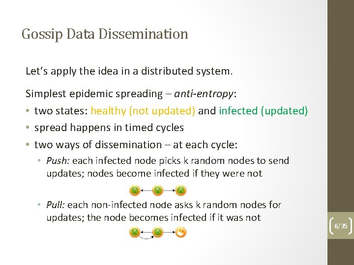 Gossip Data Dissemination Let’s apply the idea in a distributed system. Simplest epidemic spreading