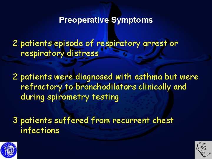 Preoperative Symptoms 2 patients episode of respiratory arrest or respiratory distress 2 patients were