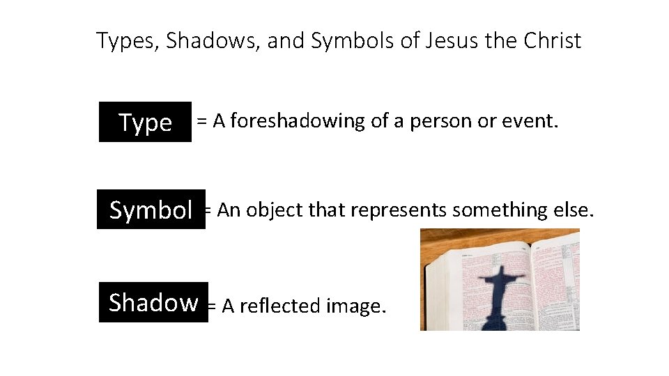 Types, Shadows, and Symbols of Jesus the Christ Type = A foreshadowing of a