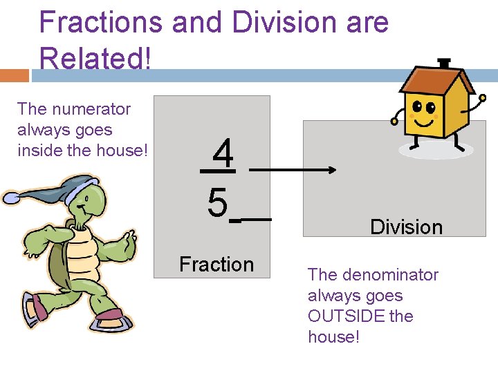 Fractions and Division are Related! The numerator always goes inside the house! 4 5