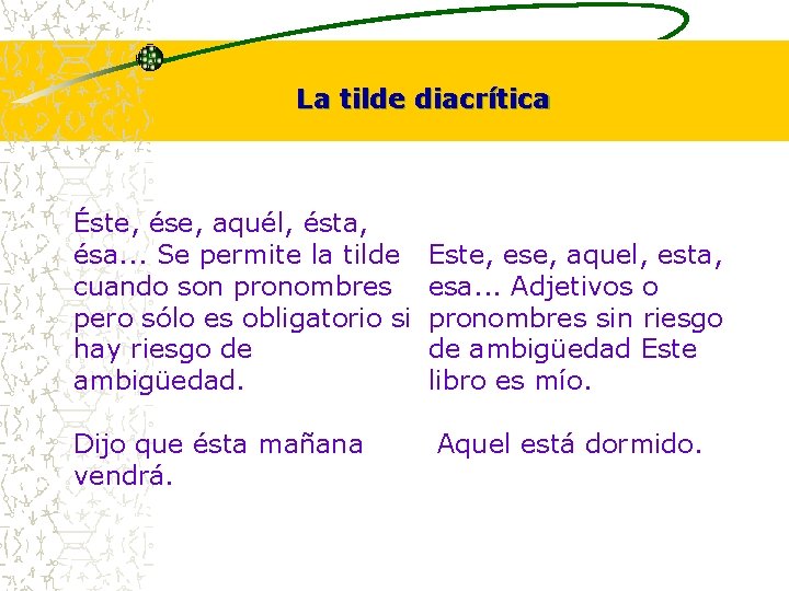 La tilde diacrítica Éste, ése, aquél, ésta, ésa. . . Se permite la tilde La tilde diacrítica Éste, ése, aquél, ésta, ésa. . . Se permite la tilde