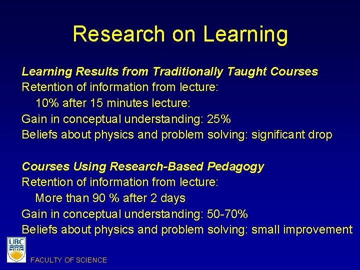 Research on Learning Results from Traditionally Taught Courses Retention of information from lecture: 10%