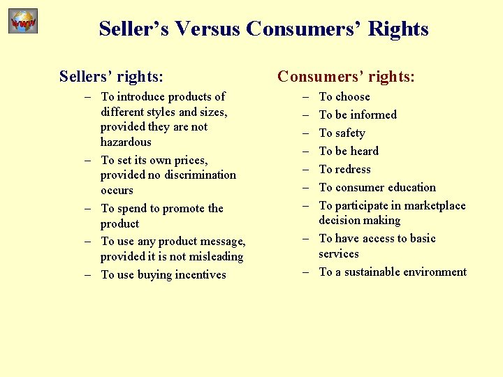 Seller’s Versus Consumers’ Rights Sellers’ rights: – To introduce products of different styles and