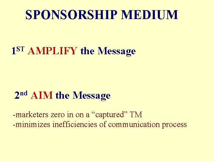 SPONSORSHIP MEDIUM 1 ST AMPLIFY the Message 2 nd AIM the Message -marketers zero