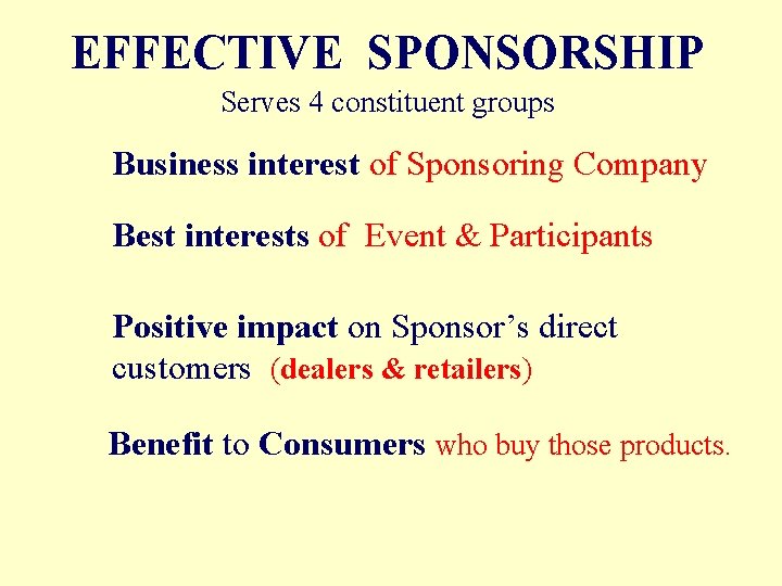 EFFECTIVE SPONSORSHIP Serves 4 constituent groups Business interest of Sponsoring Company Best interests of