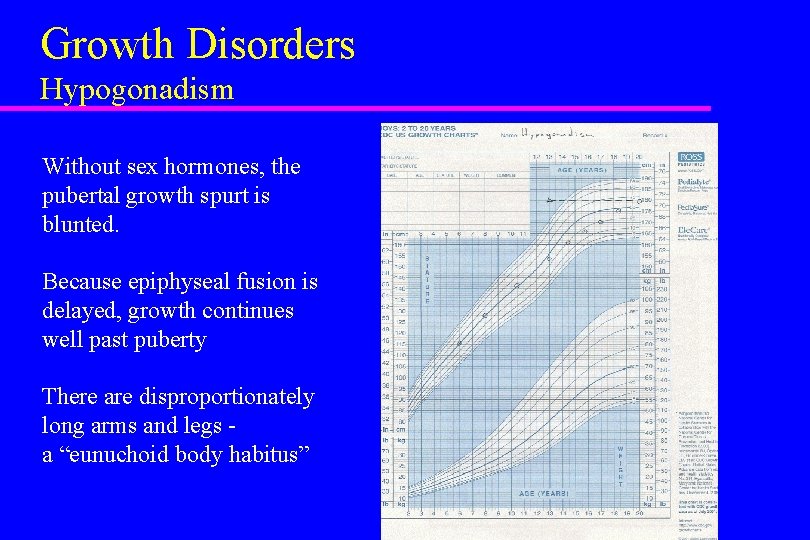 Growth Disorders Hypogonadism Without sex hormones, the pubertal growth spurt is blunted. Because epiphyseal