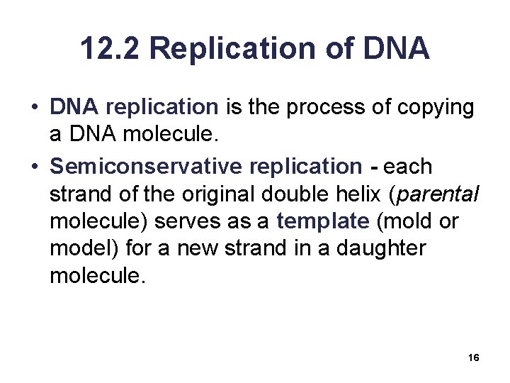 12. 2 Replication of DNA • DNA replication is the process of copying a