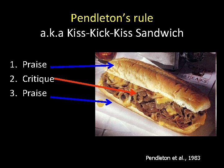 Pendleton’s rule a. k. a Kiss-Kick-Kiss Sandwich 1. Praise 2. Critique 3. Praise Pendleton