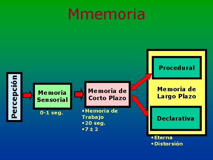 Mmemoria Percepción Procedural Memoria Sensorial 0 -1 seg. Memoria de Corto Plazo • Memoria