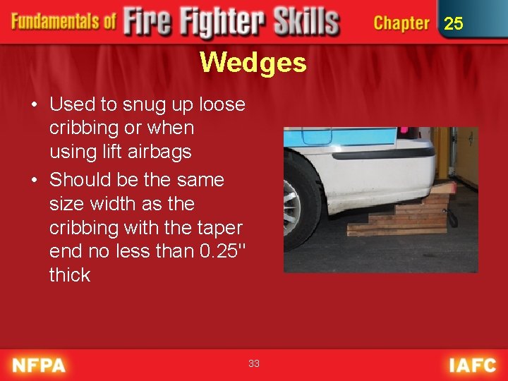 25 Wedges • Used to snug up loose cribbing or when using lift airbags