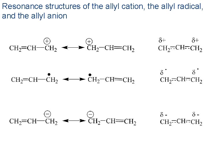 Resonance structures of the allyl cation, the allyl radical, and the allyl anion 