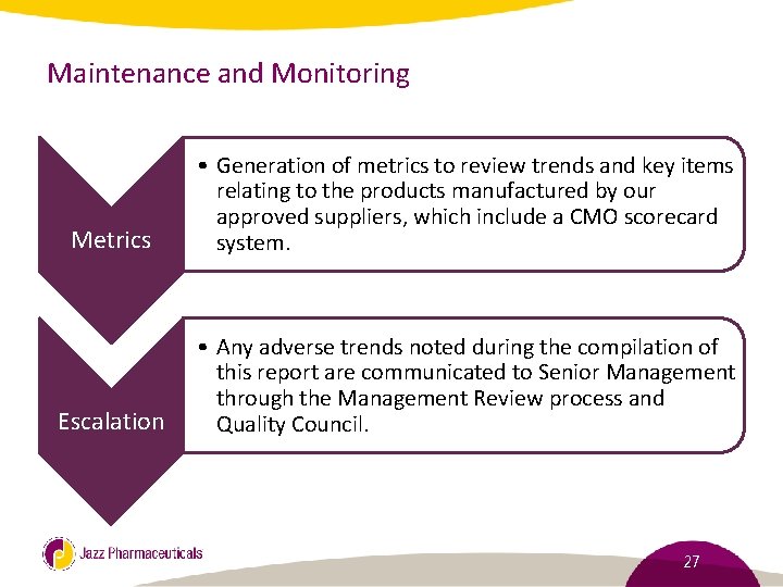 Maintenance and Monitoring Metrics • Generation of metrics to review trends and key items