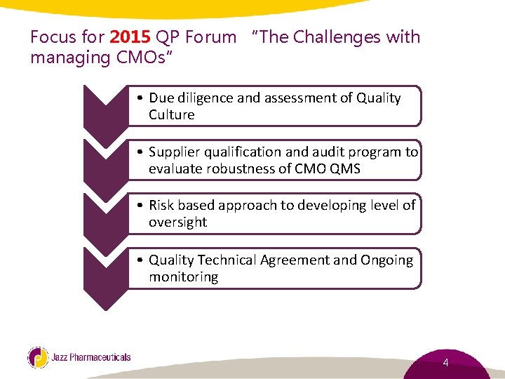 Focus for 2015 QP Forum “The Challenges with managing CMOs” • Due diligence and