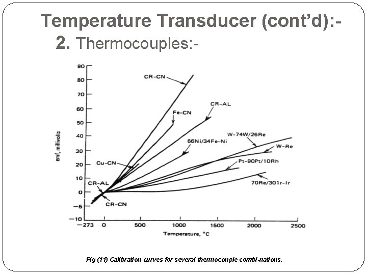 Temperature Transducer (cont’d): 2. Thermocouples: - Fig (11) Calibration curves for several thermocouple combi