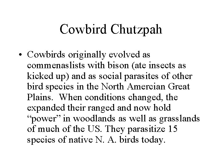 Cowbird Chutzpah • Cowbirds originally evolved as commenaslists with bison (ate insects as kicked