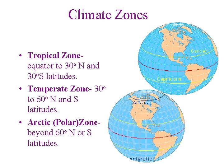 Climate Zones • Tropical Zoneequator to 30 o N and 30 o. S latitudes.