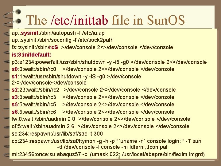 The /etc/inittab file in Sun. OS ap: : sysinit: /sbin/autopush -f /etc/iu. ap ap: