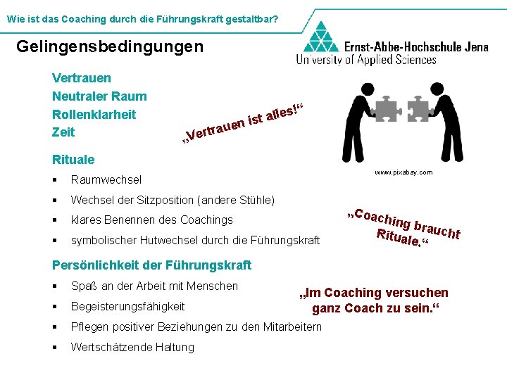 Wie ist das Coaching durch die Führungskraft gestaltbar? Gelingensbedingungen Vertrauen Neutraler Raum Rollenklarheit Zeit