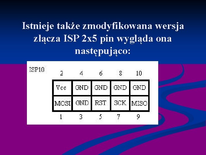 Istnieje także zmodyfikowana wersja złącza ISP 2 x 5 pin wygląda ona następująco: 