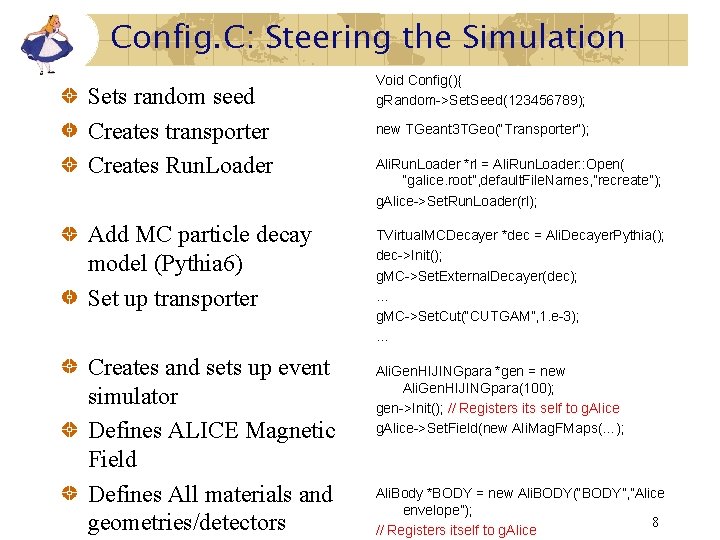 Config. C: Steering the Simulation Sets random seed Creates transporter Creates Run. Loader Add