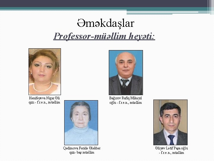 Əməkdaşlar Professor-müəllim heyəti: Hənifəyeva Nigar Əli qızı - f. r. e. n. , müəllim