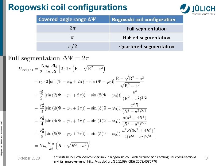 Rogowski coil configurations Rogowski coil configuration Full segmentation Halved segmentation Mitglied der Helmholtz-Gemeinschaft Quartered