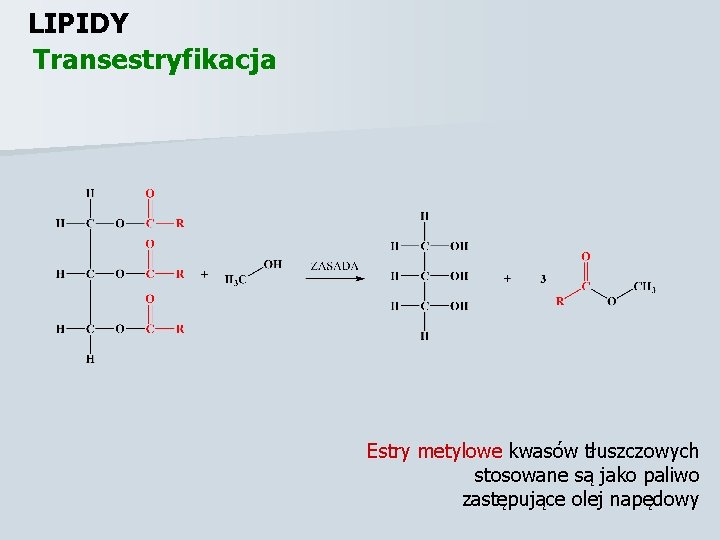 LIPIDY Transestryfikacja Estry metylowe kwasów tłuszczowych stosowane są jako paliwo zastępujące olej napędowy 