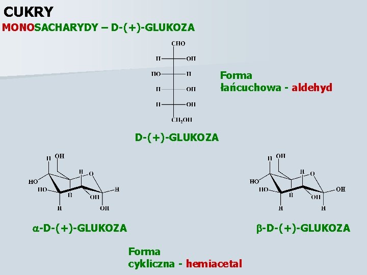 CUKRY MONOSACHARYDY – D-(+)-GLUKOZA Forma łańcuchowa - aldehyd D-(+)-GLUKOZA -D-(+)-GLUKOZA Forma cykliczna - hemiacetal