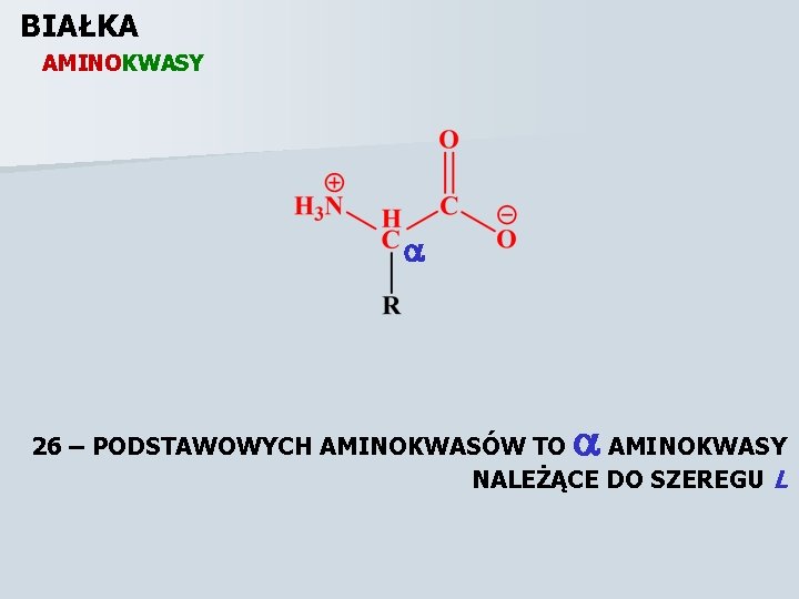 BIAŁKA AMINOKWASY 26 – PODSTAWOWYCH AMINOKWASÓW TO AMINOKWASY NALEŻĄCE DO SZEREGU L 