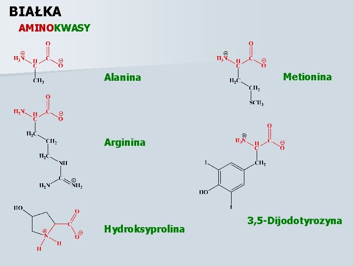 BIAŁKA AMINOKWASY Alanina Metionina Arginina Hydroksyprolina 3, 5 -Dijodotyrozyna 