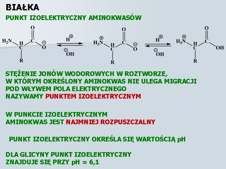 BIAŁKA PUNKT IZOELEKTRYCZNY AMINOKWASÓW STĘŻENIE JONÓW WODOROWYCH W ROZTWORZE, W KTÓRYM OKREŚLONY AMINOKWAS NIE