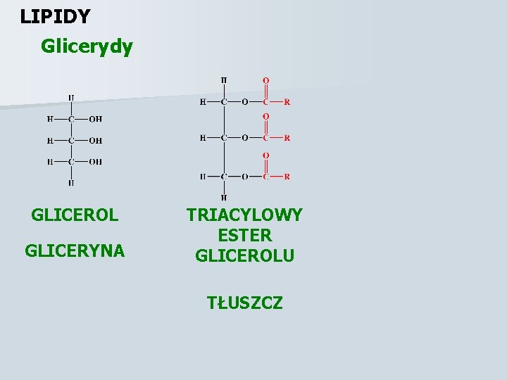 LIPIDY Glicerydy GLICEROL GLICERYNA TRIACYLOWY ESTER GLICEROLU TŁUSZCZ 