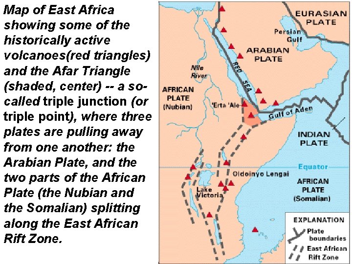 Map of East Africa showing some of the historically active volcanoes(red triangles) and the