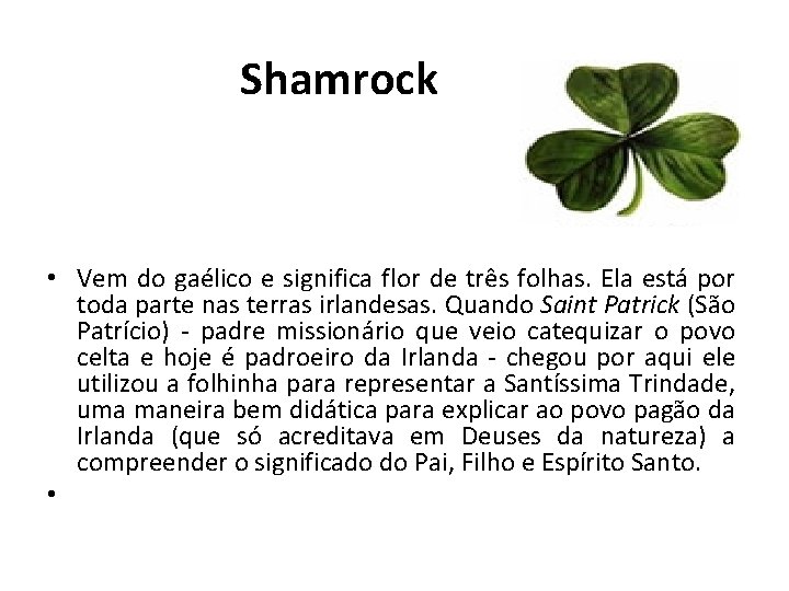 Shamrock • Vem do gaélico e significa flor de três folhas. Ela está por