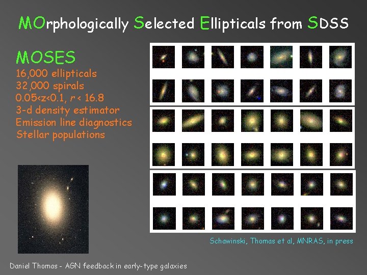MOrphologically Selected Ellipticals from SDSS MOSES 16, 000 ellipticals 32, 000 spirals 0. 05<z<0.