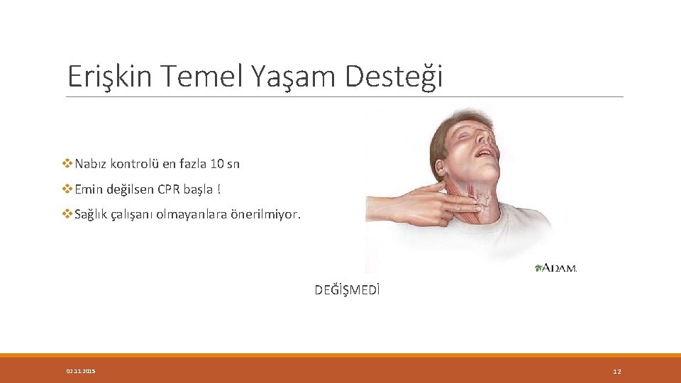 Erişkin Temel Yaşam Desteği v. Nabız kontrolü en fazla 10 sn v. Emin değilsen
