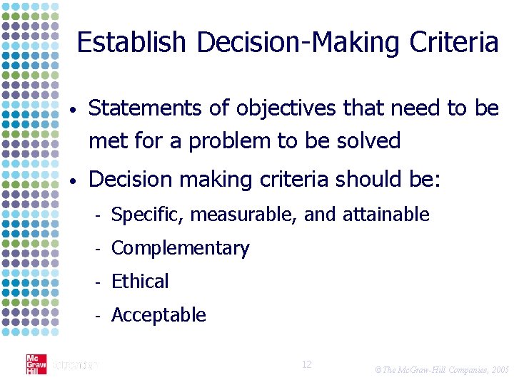 Establish Decision-Making Criteria • Statements of objectives that need to be met for a