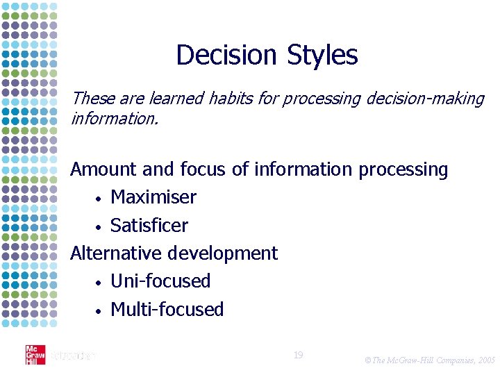 Decision Styles These are learned habits for processing decision-making information. Amount and focus of