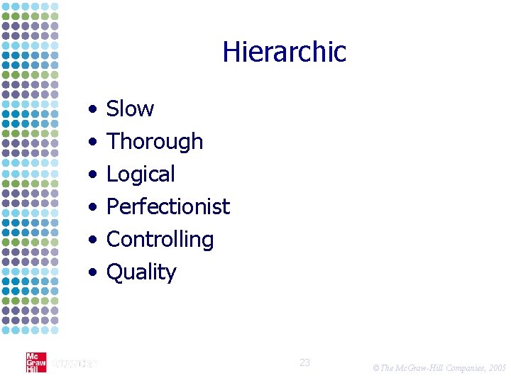 Hierarchic • • • Slow Thorough Logical Perfectionist Controlling Quality 23 ©The Mc. Graw-Hill