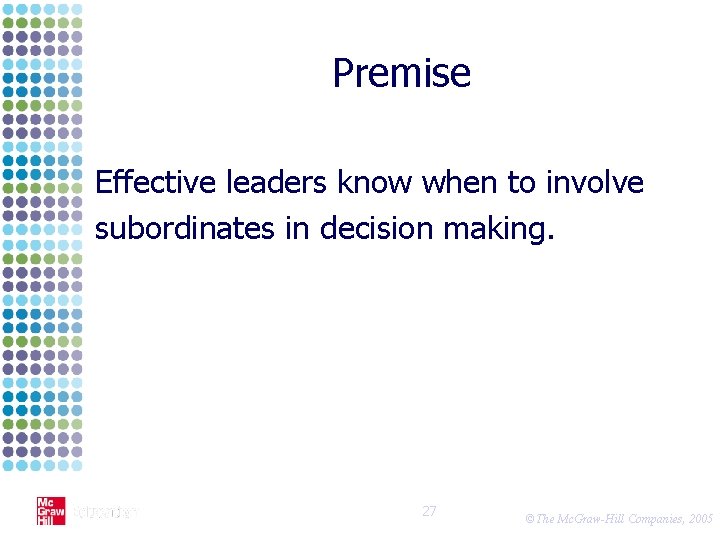 Premise Effective leaders know when to involve subordinates in decision making. 27 ©The Mc.