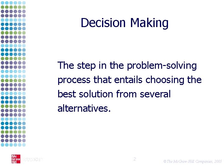 Decision Making The step in the problem-solving process that entails choosing the best solution