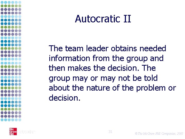 Autocratic II The team leader obtains needed information from the group and then makes