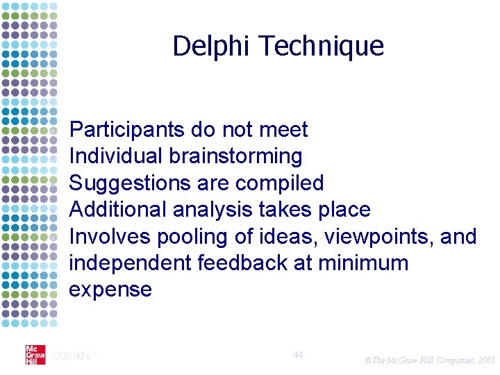 Delphi Technique • • • Participants do not meet Individual brainstorming Suggestions are compiled