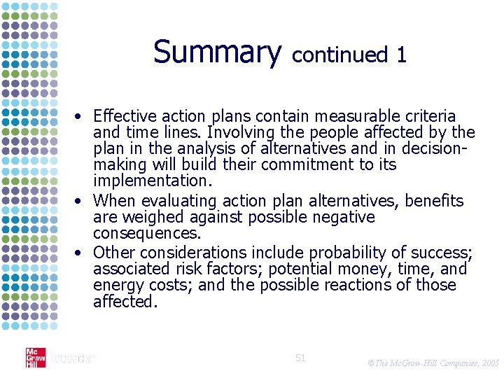 Summary continued 1 • Effective action plans contain measurable criteria and time lines. Involving