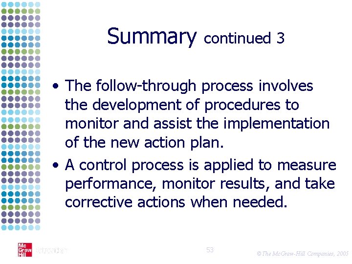 Summary continued 3 • The follow-through process involves the development of procedures to monitor